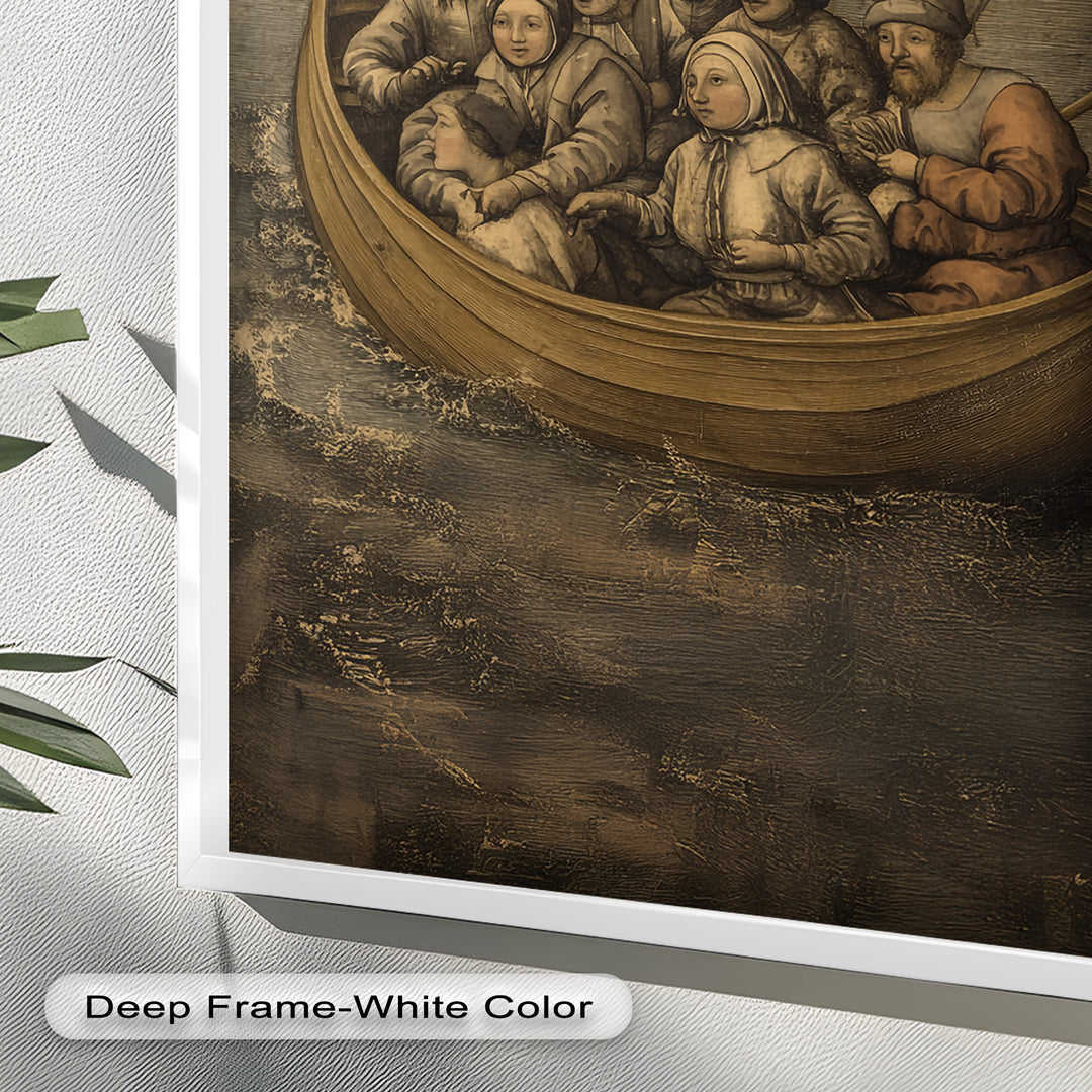 Medieval Sailors in Wooden Vessel - Historic Oil Painting