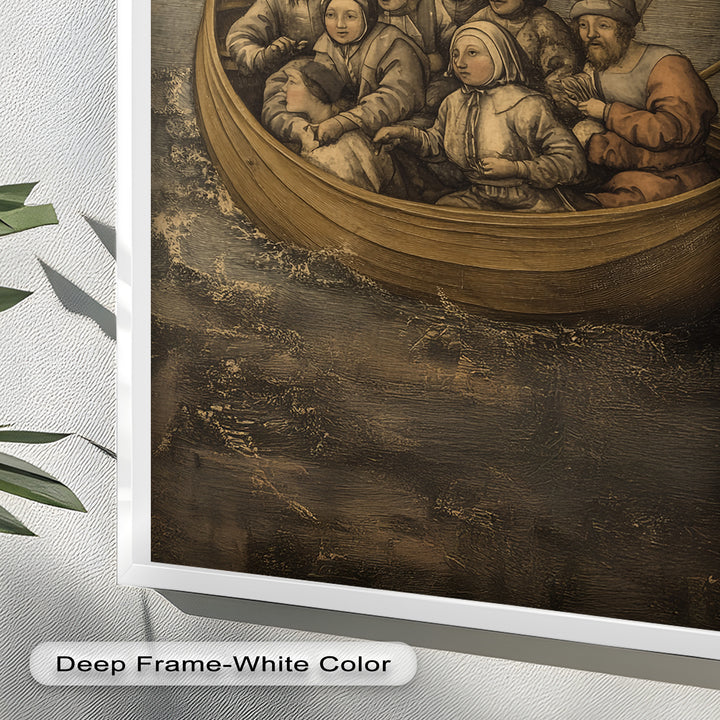 Medieval Sailors in Wooden Vessel - Historic Oil Painting