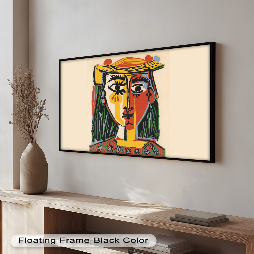 A striking modernist depiction of a woman, combining playful colors and exaggerated forms in a signature cubist style.