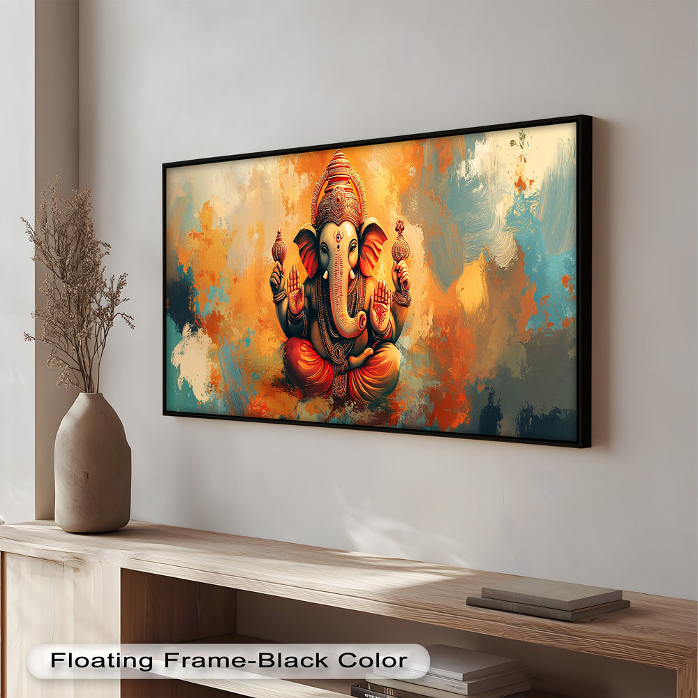 A radiant image of Ganesha with four arms, holding symbolic objects, set against a bold and expressive painted background.


