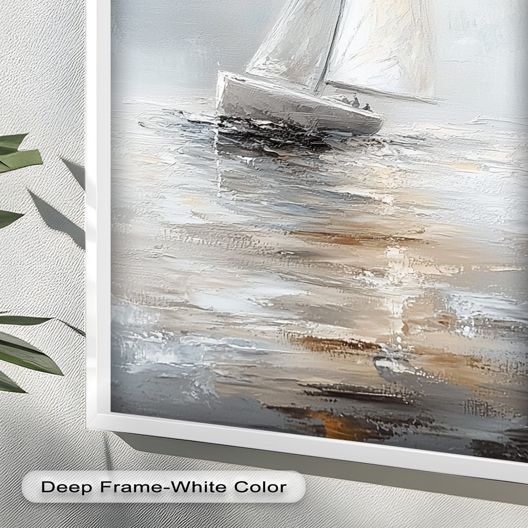 Sailing Through the Mist – White Boat Oil Painting