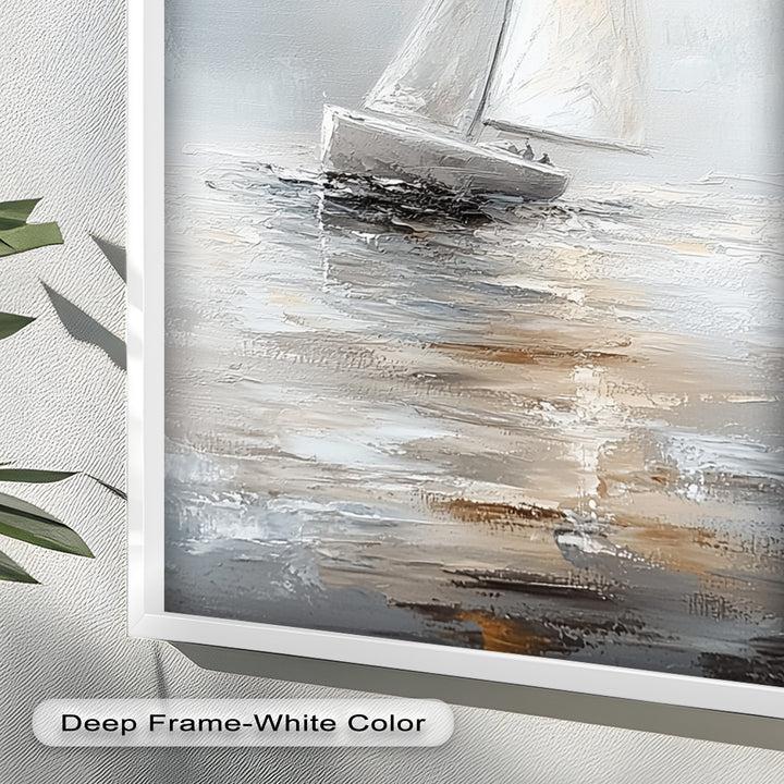 Sailing Through the Mist – White Boat Oil Painting