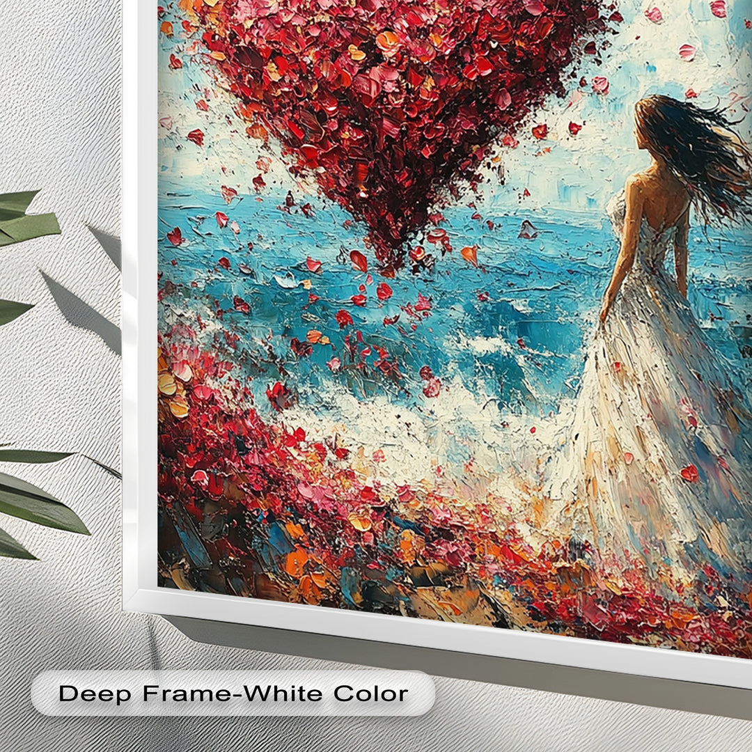 Woman with Heart-Shaped Petals Over the Sea - Love Oil Painting