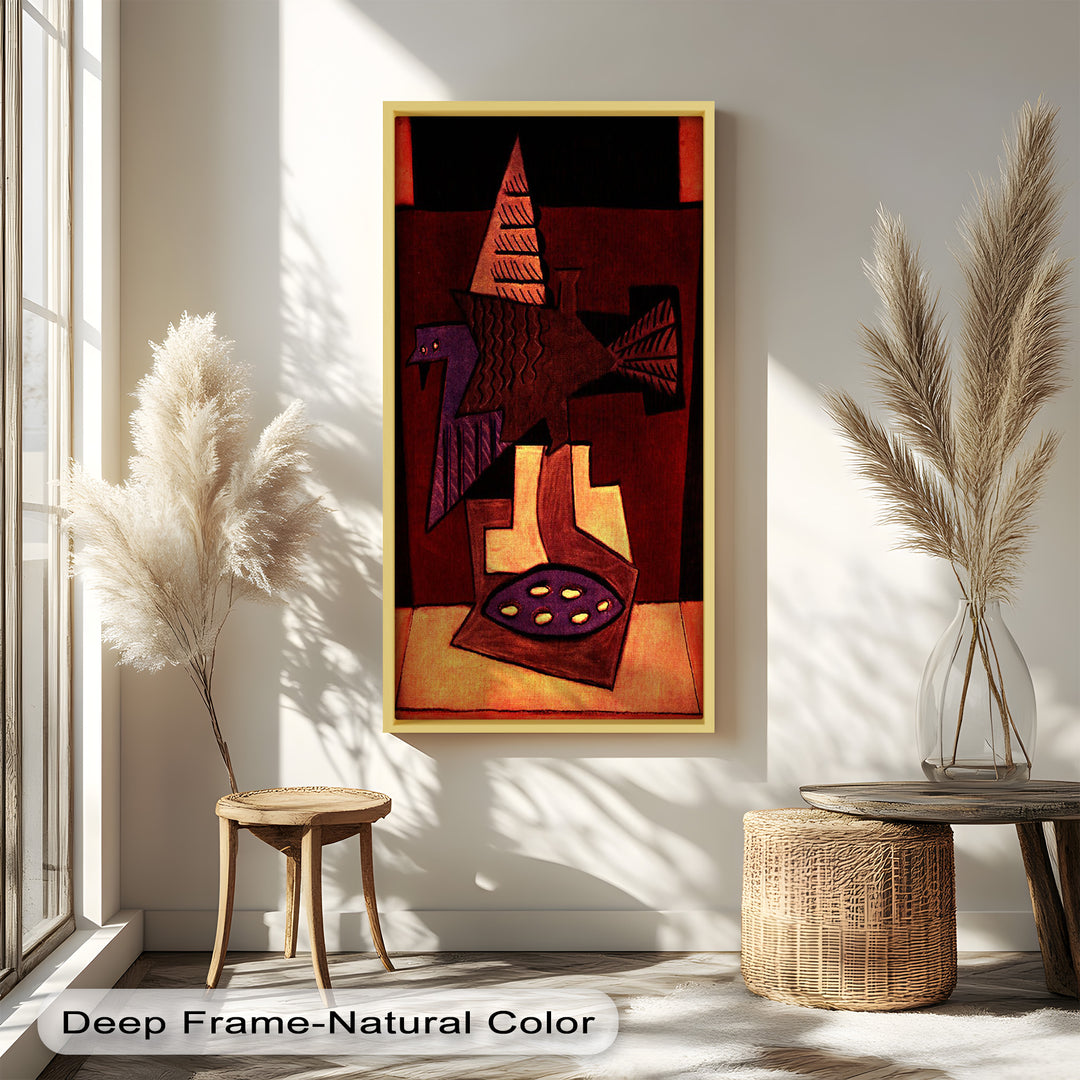 An expressive abstract bird artwork, combining dark tones with bold shapes and symbolic design elements.