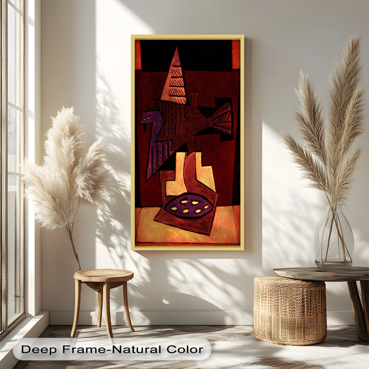 An expressive abstract bird artwork, combining dark tones with bold shapes and symbolic design elements.