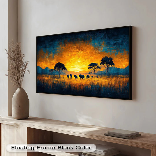 Repetitive silhouettes of elephants and trees in this golden savannah sunset oil painting decoration create a mesmerizing visual rhythm.