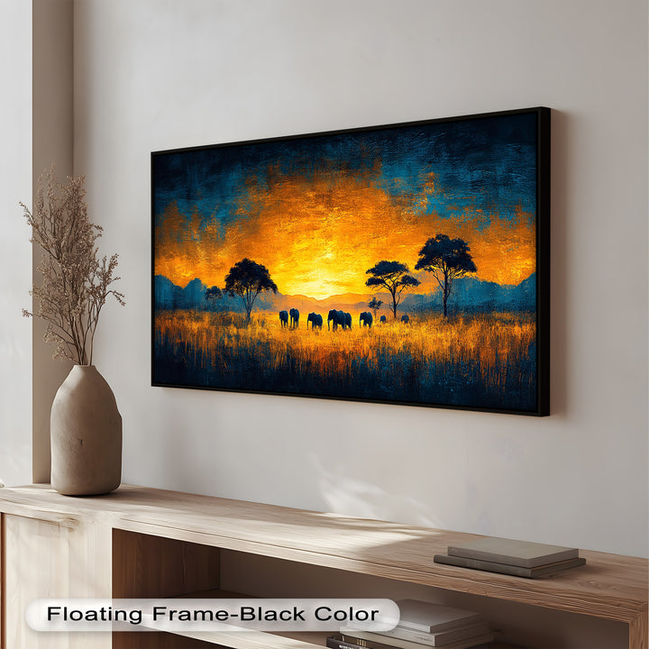 Golden Savannah Sunset – Elephant Silhouette Oil Painting