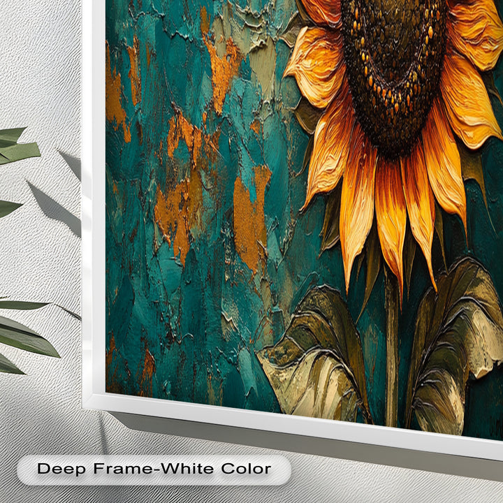 Sunflower on Textured Teal - Flower Oil Painting