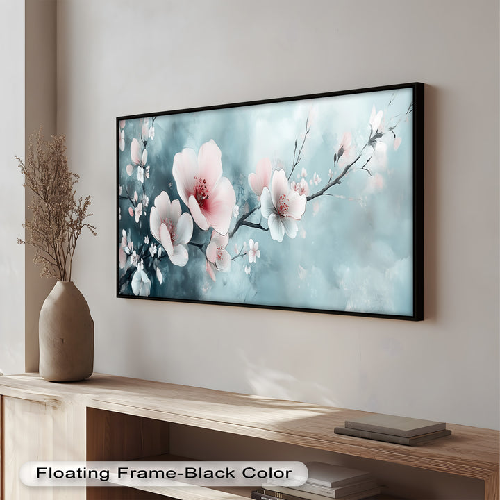 Soft Pink and White Petals on Tranquil Blue - Flower Oil Painting