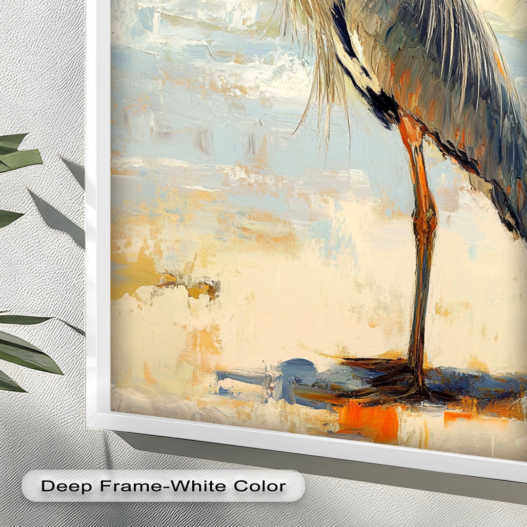 Elegant Heron Standing on Shoreline – Framed Oil Painting