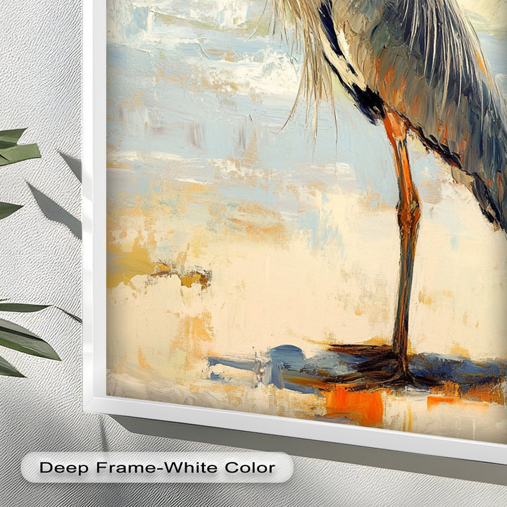 Elegant Heron Standing on Shoreline – Framed Oil Painting