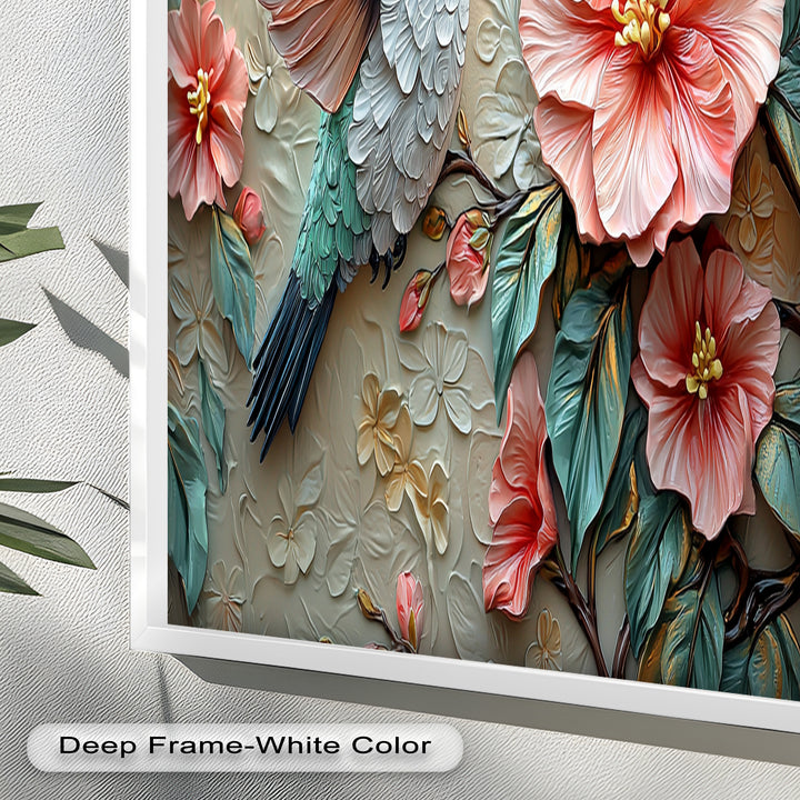 Spring Hummingbird with Pink Flowers – Framed Oil Painting