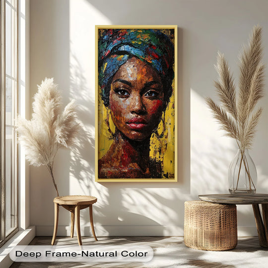 Featuring a deep frame with natural color, this portrait of woman oil painting artwork offers a defined edge to this colorful and textured piece.