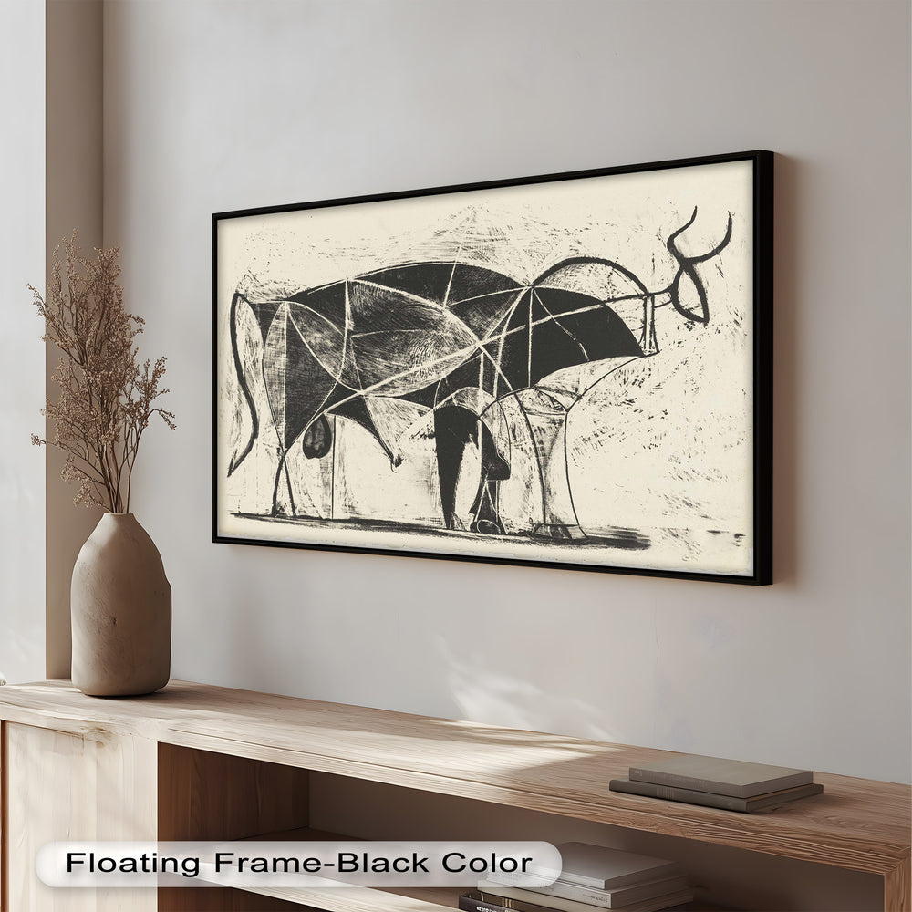 A stylized graphic artwork of bovine figures, using bold shapes and linear divisions to suggest form and strength.