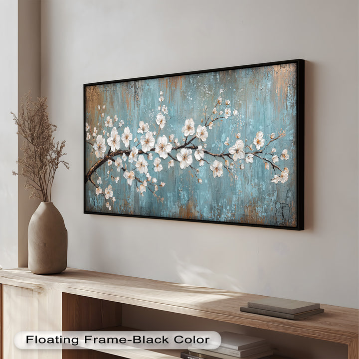 White Blossoms on Blue Textured Branch - Flower Oil Painting