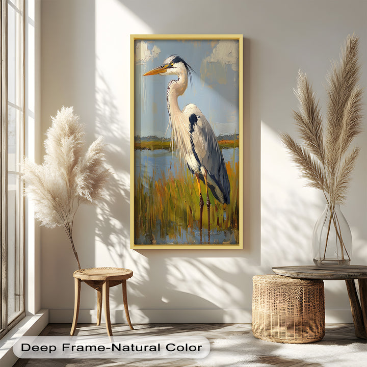 Heron in Sunlit Wetlands - Animal Oil Painting