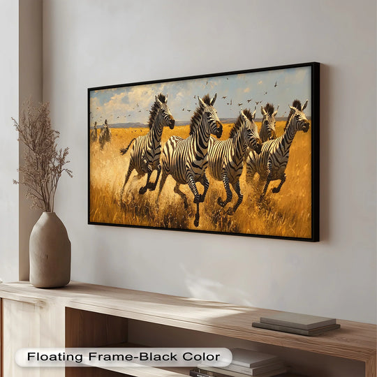 Abundant negative space surrounds this dynamic oil painting artwork of a thundering zebra herd, highlighting the artwork's wild safari theme and bold composition.