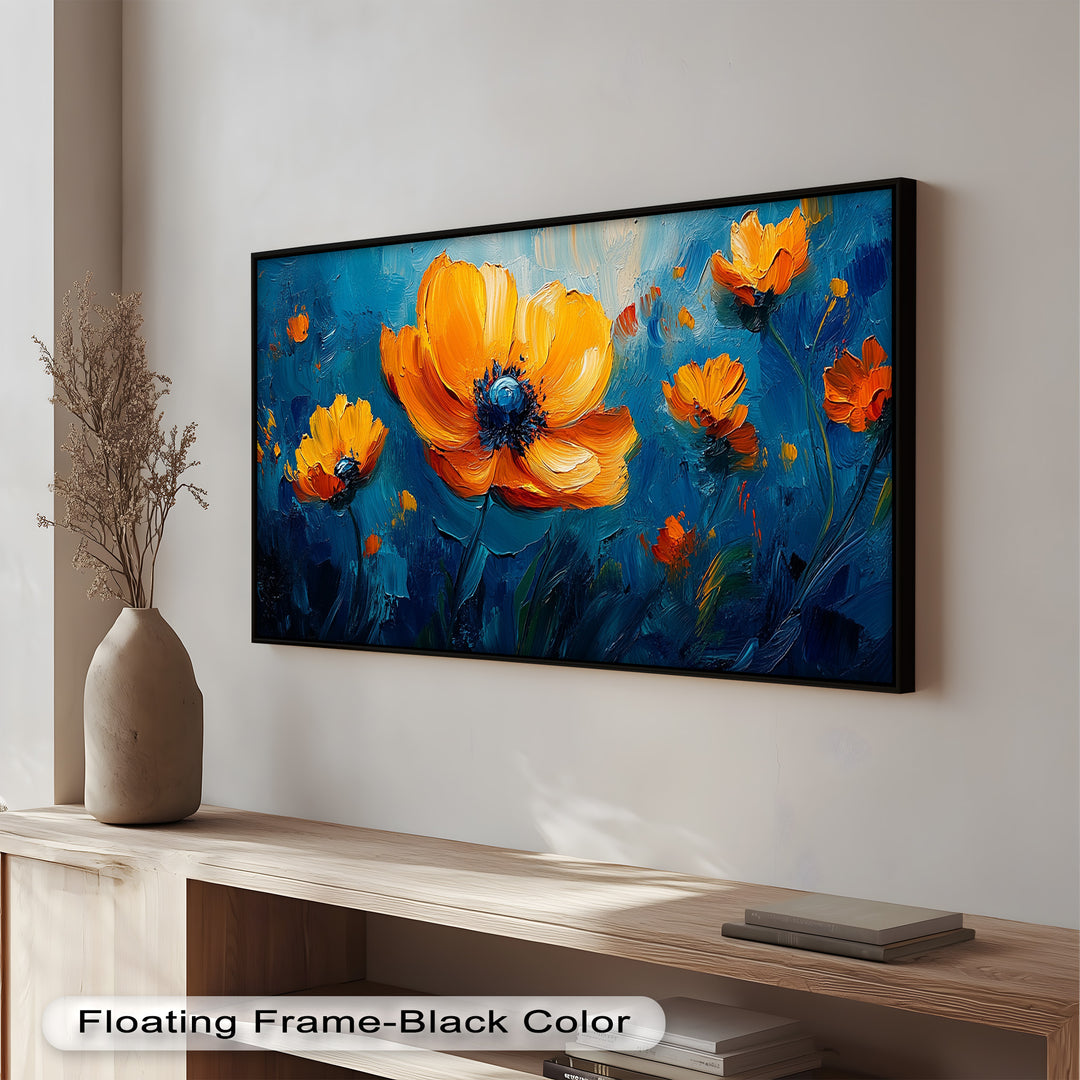 Orange Flowers on Deep Blue - Flower Oil Painting