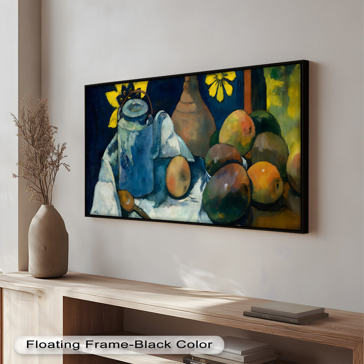 Rustikales Stillleben mit Mangos und Teekanne – Food Paintings