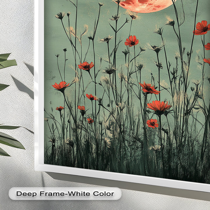 Celestial Wildflowers – Full Moon Over Red Meadow Blooms Oil Painting