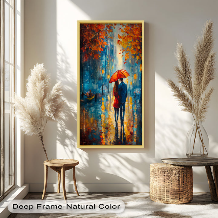 Romantic Couple Strolling Under Red Umbrella - Love Oil Painting