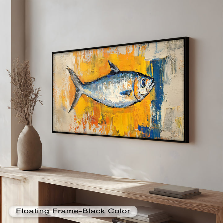 Blue Fish on Vibrant Yellow Background - Animal Oil Painting