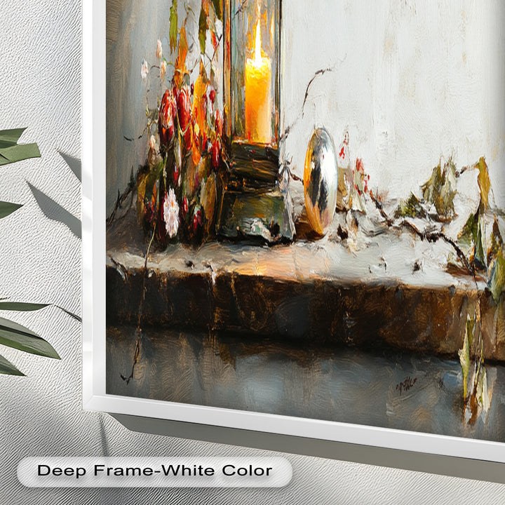Bronze Candle Lantern Art – Winter Decor Oil Painting