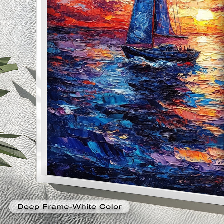 Crimson Horizon – Sunset Voyage Boat Oil Painting