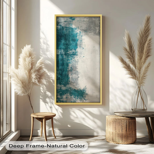 The realistic detail highlights the textured brushstrokes and subtle color gradations in this abstract oil painting wall art featuring teal and stone hues.