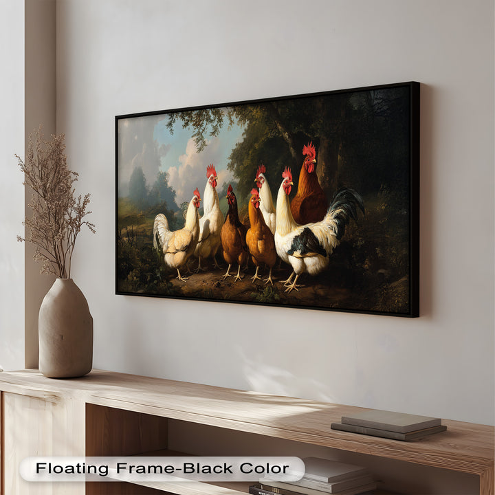 Roosters and Hens in a Countryside Clearing - Animal Oil Painting
