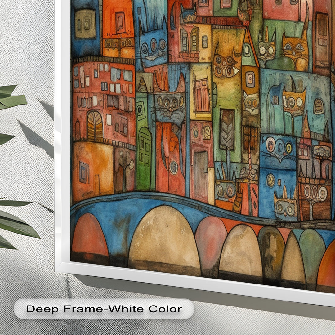 Whimsical Cat Cityscape – Surreal Architecture and Feline Picasso Oil Painting