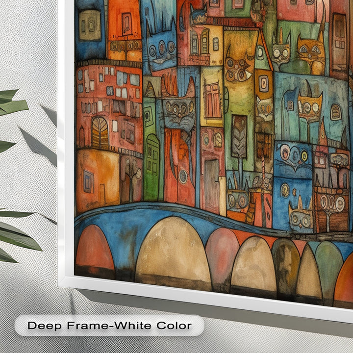 Whimsical Cat Cityscape – Surreal Architecture and Feline Picasso Oil Painting