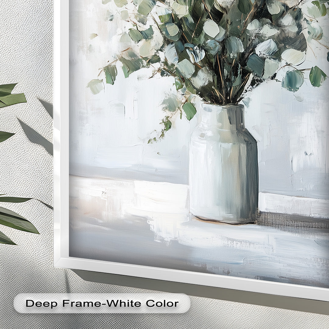 Eucalyptus Essence – Minimalist Greenery in Ceramic Vase Oil Painting