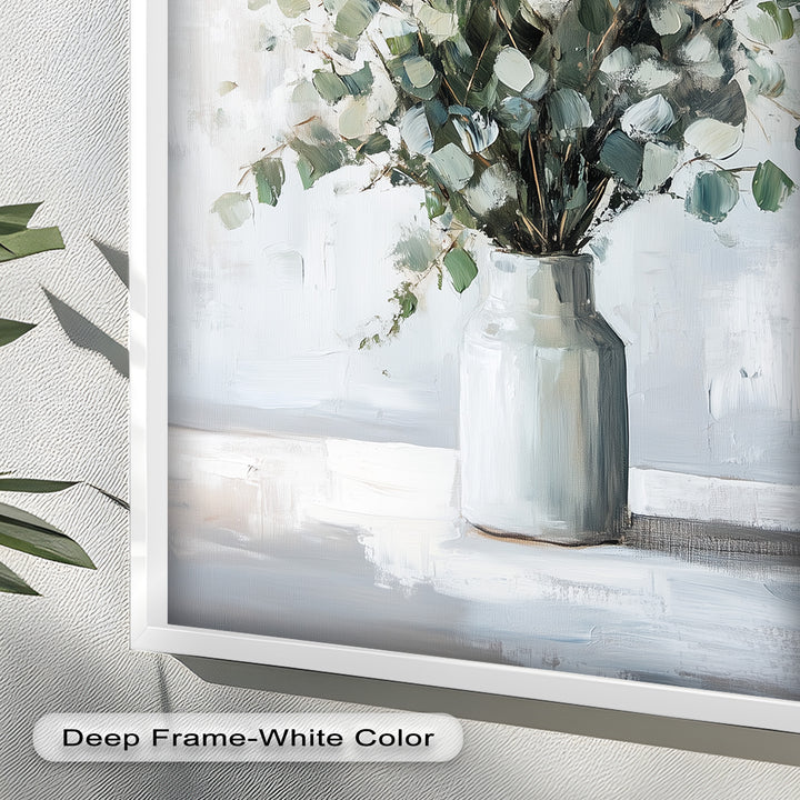 Eucalyptus Essence – Minimalist Greenery in Ceramic Vase Oil Painting