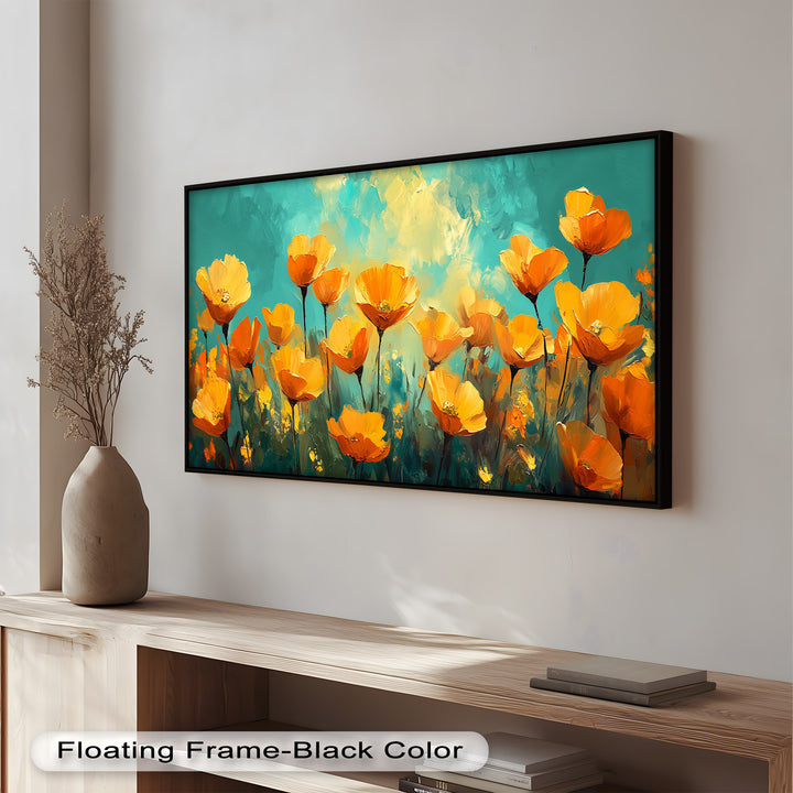 A modern impressionist artwork of blooming orange flowers, bursting with light and color against a vibrant abstract backdrop.