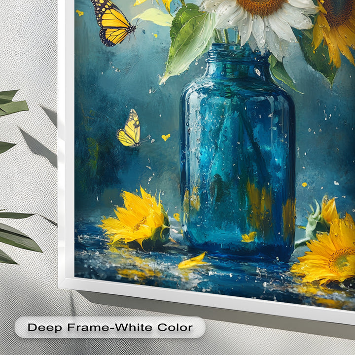 Sun-Kissed Radiance – Sunflowers in Blue Jar Flower Oil Painting