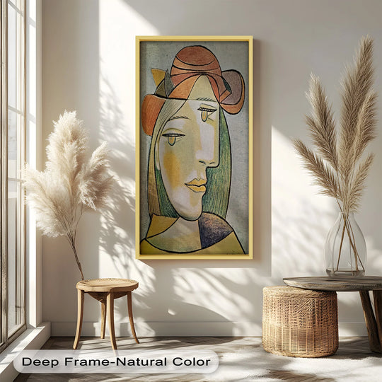 Natural finish highlights the serene modern oil painting art within the cubist 'Woman with Hat' oil painting, enhancing its delicate, golden-toned aesthetic.