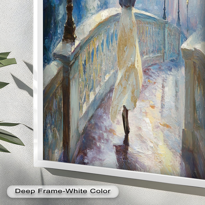 Woman with Umbrella on Cobblestone Bridge – Oil Painting