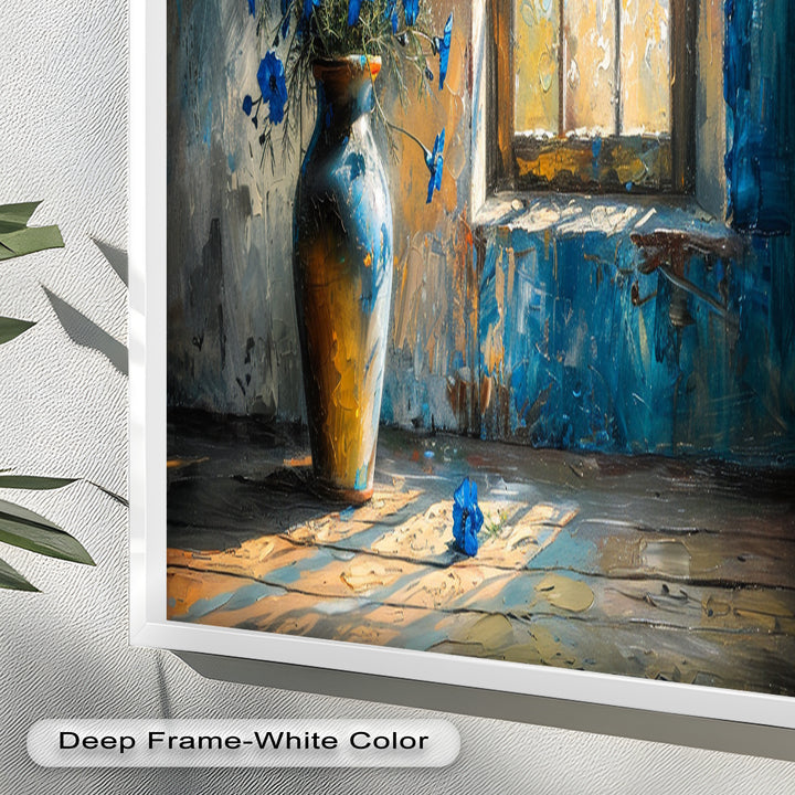 Blue Flowers in Vase – Rustic Still Life Oil Painting