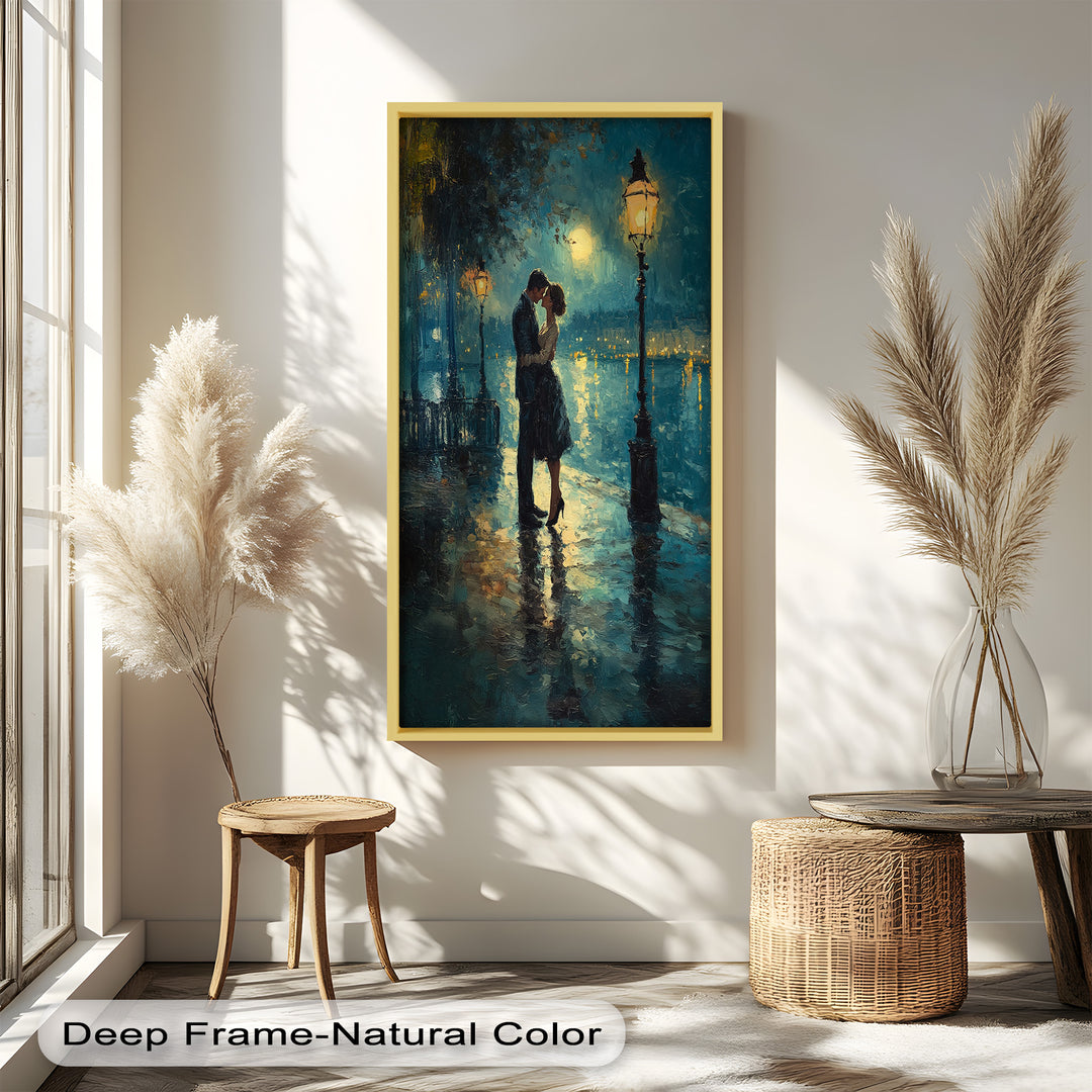 Moonlit Embrace – Lovers by the Lamplight Love Oil Painting