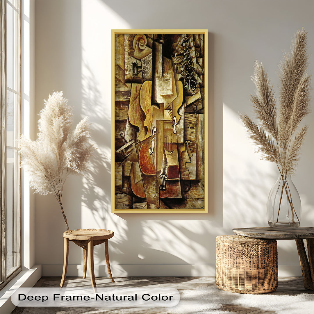 A monochromatic cubist still life featuring a fragmented violin, grapes, and musical elements rendered in layered geometric forms.