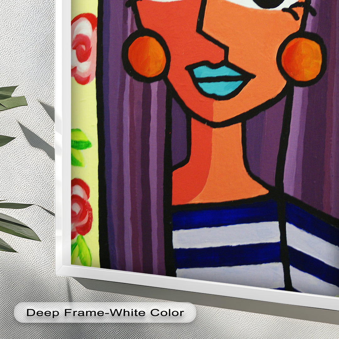Striped Radiance – Playful Woman with Purple Hair Picasso Oil Painting
