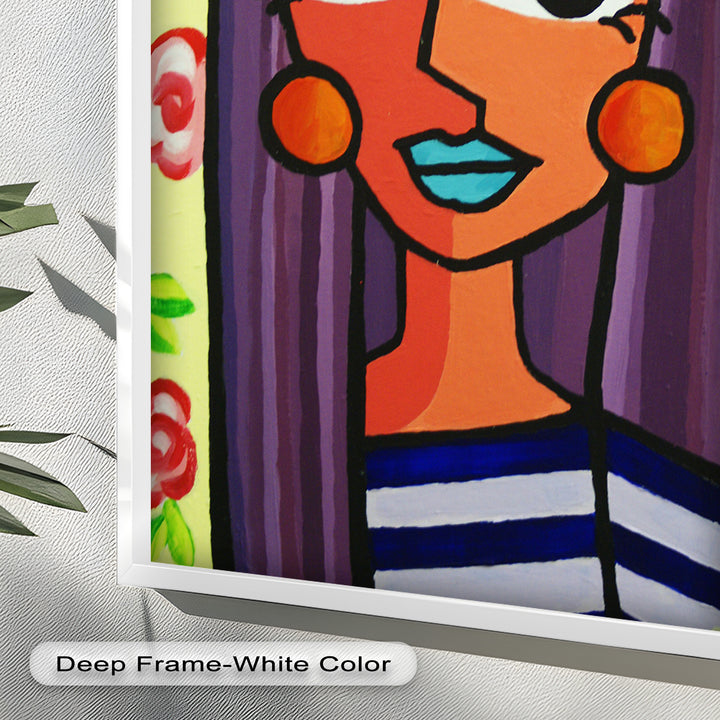Striped Radiance – Playful Woman with Purple Hair Picasso Oil Painting