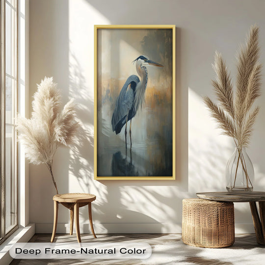 Light and shadow play across this Heron in Misty Reflections oil painting reproduction print, defining the serene bird in its tranquil wetland habitat.