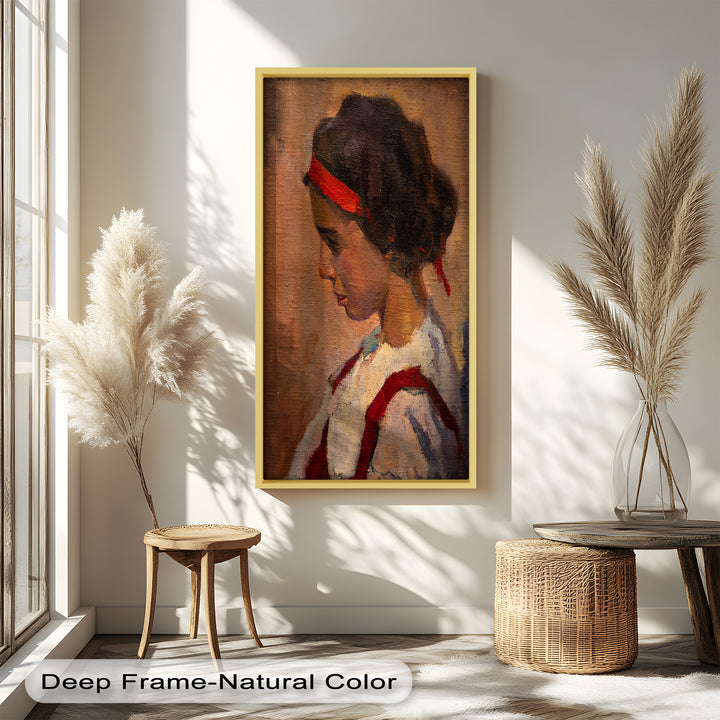Crimson Reverie – Side Portrait of a Girl in Red Headband Oil Painting