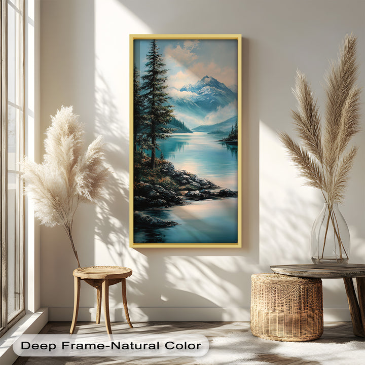 The reflections of the trees and mountains on the still lake surface add depth and harmony, creating a dreamlike wilderness escape.