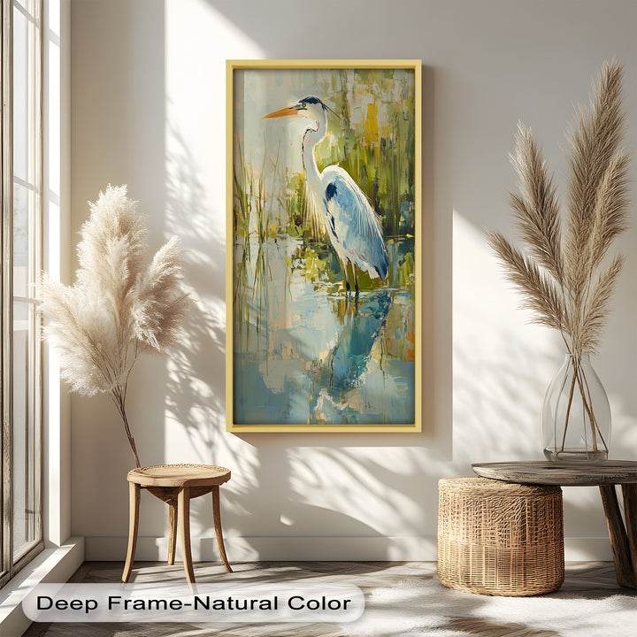 Heron Amid Textured Reflections - Animal Oil Painting
