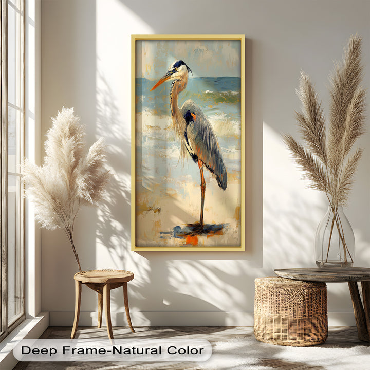 Coastal Heron with Ocean Breeze - Modern Oil Painting