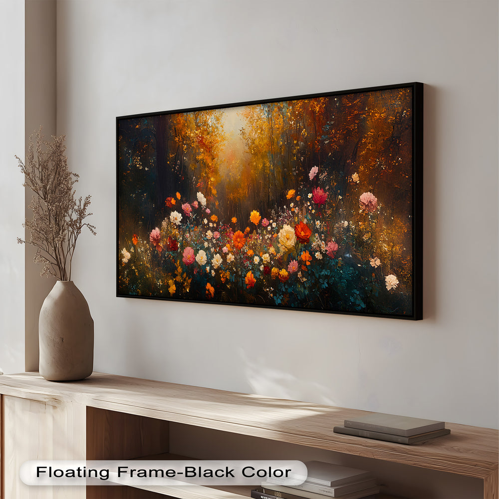 With golden light streaming through the trees and a colorful floral foreground, the artwork evokes warmth, magic, and nature’s quiet splendor.

