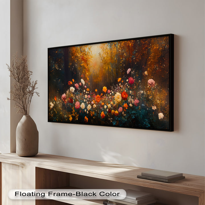 With golden light streaming through the trees and a colorful floral foreground, the artwork evokes warmth, magic, and nature’s quiet splendor.

